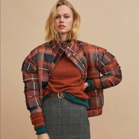 Anthropologie Sparkz Orange Black Fall Amelia Plaid Puffer Coat Size Small - Picture 1 of 13